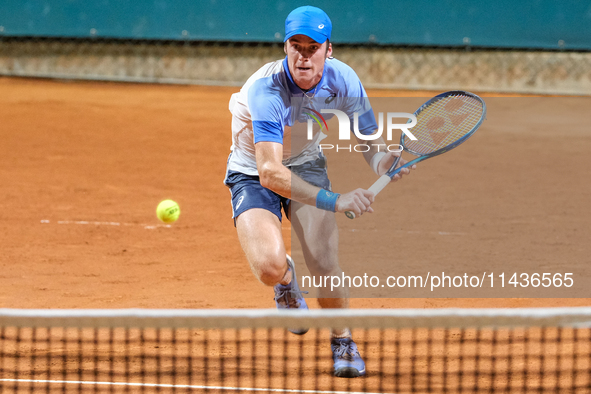 Vilius Gaubas from Lithuania is in action during the Internazionali di Verona - ATP Challenger 100 tennis tournament at Sports Club Verona i...