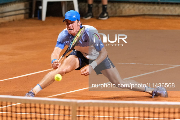 Vilius Gaubas from Lithuania is in action during the Internazionali di Verona - ATP Challenger 100 tennis tournament at Sports Club Verona i...