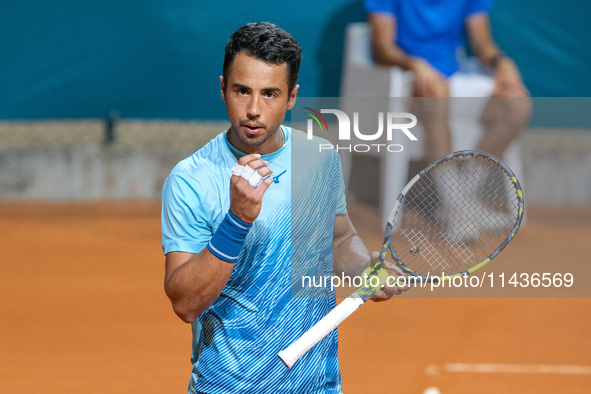 Hugo Dellien from Bolivia is celebrating after scoring a point during the Internazionali di Verona - ATP Challenger 100 tennis tournament at...