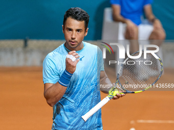 Hugo Dellien from Bolivia is celebrating after scoring a point during the Internazionali di Verona - ATP Challenger 100 tennis tournament at...