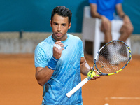 Hugo Dellien from Bolivia is celebrating after scoring a point during the Internazionali di Verona - ATP Challenger 100 tennis tournament at...