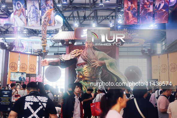 A statue of Guan Gong is standing at the Bilibili games booth at ChinaJoy 2024 in Shanghai, China, on July 26, 2024. 