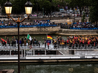 The boat is carrying the Albanian, Algerian, and German Olympic Teams during the opening ceremony of the Paris Olympic Games in Paris, Franc...