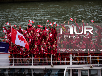 The boat is carrying the Canadian Olympic Team during the opening ceremony of the Paris Olympic Games in Paris, France, on July 26, 2024. (