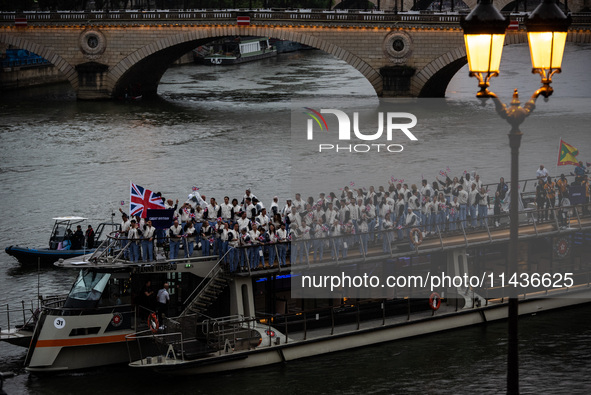 The boat is carrying the British Olympic Team during the opening ceremony of the Paris Olympic Games in Paris, France, on July 26, 2024. 