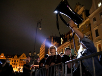 People are protesting against the screening of the film ''Green Border'' by Agnieszka Holland on the Main Square during the New Horizons Int...