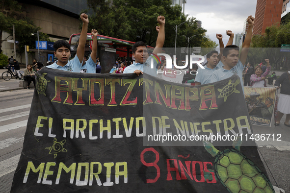 Students from the Isidro Burgos Normal School in Ayotzinapa are demonstrating in Mexico City, Mexico, to demand justice for the disappearanc...