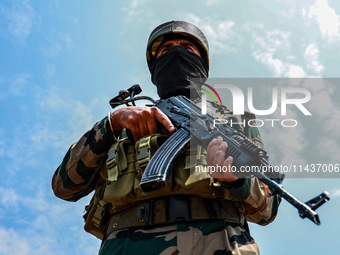 Indian Army soldiers are patrolling with AK-47 weapons in Baramulla, Jammu and Kashmir, India, on July 27, 2024. Five Indian Army soldiers,...