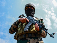 Indian Army soldiers are patrolling with AK-47 weapons in Baramulla, Jammu and Kashmir, India, on July 27, 2024. Five Indian Army soldiers,...