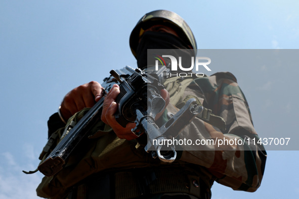 Indian Army soldiers are patrolling with AK-47 weapons in Baramulla, Jammu and Kashmir, India, on July 27, 2024. Five Indian Army soldiers,...