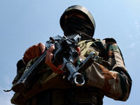 Indian Army soldiers are patrolling with AK-47 weapons in Baramulla, Jammu and Kashmir, India, on July 27, 2024. Five Indian Army soldiers,...