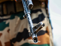 Indian Army soldiers are patrolling with AK-47 weapons in Baramulla, Jammu and Kashmir, India, on July 27, 2024. Five Indian Army soldiers,...