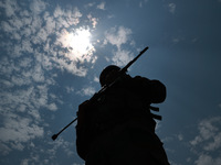 Indian Army soldiers are patrolling with AK-47 weapons in Baramulla, Jammu and Kashmir, India, on July 27, 2024. Five Indian Army soldiers,...