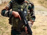 Indian Army soldiers are patrolling with AK-47 weapons in Baramulla, Jammu and Kashmir, India, on July 27, 2024. Five Indian Army soldiers,...