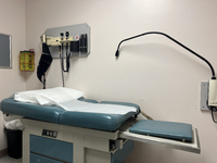 An exam table is sitting at a doctor's office in Toronto, Ontario, Canada, on July 23, 2024. COVID-19 numbers are spiking across Ontario thi...