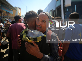 A group of Palestinian children and patients are awaiting in Deir Al-Balah, central Gaza Strip, on July 28, 2024, for their medical evacuati...