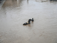 Bronze sculptures of horses and warriors are being seen submerged by floods at the Toudao wharf in Jilin City, Jilin province, China, on Jul...