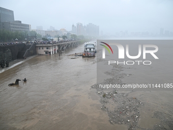 Bronze sculptures of horses and warriors are being seen submerged by floods at the Toudao wharf in Jilin City, Jilin province, China, on Jul...