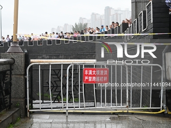 Citizens are watching the rising water at the Toudao wharf in Jilin City, Jilin province, China, on July 28, 2024. (