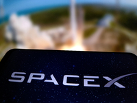 An illustration of SpaceX is being displayed in Suqian City, Jiangsu Province, China, on July 29, 2024. (