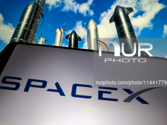 An illustration of SpaceX is being displayed in Suqian City, Jiangsu Province, China, on July 29, 2024. (