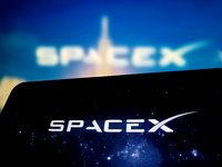 An illustration of SpaceX is being displayed in Suqian City, Jiangsu Province, China, on July 29, 2024. (