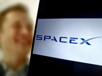 An illustration of SpaceX is being displayed in Suqian City, Jiangsu Province, China, on July 29, 2024. (