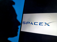 An illustration of SpaceX is being displayed in Suqian City, Jiangsu Province, China, on July 29, 2024. (