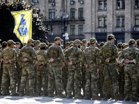 Servicemen of the Azov battalion are attending a ceremony to remember the victims of the Olenivka camp explosion, in Kyiv, Ukraine, on July...