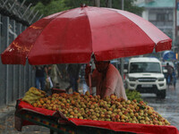 A roadside vendor is selling peaches as it is raining in Srinagar, Jammu and Kashmir, on July 29, 2024. (