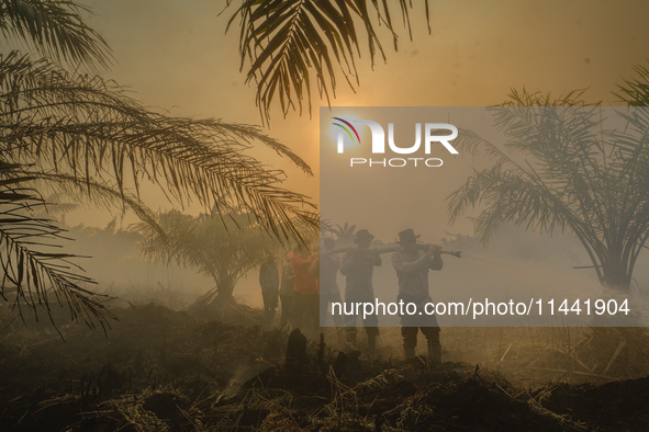 Indonesian police officers are trying to extinguish a peatland fire in the palm oil plantation area of Company Permata Hijau Indonesia in Pa...