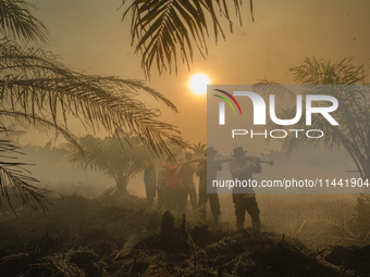 Indonesian police officers are trying to extinguish a peatland fire in the palm oil plantation area of Company Permata Hijau Indonesia in Pa...