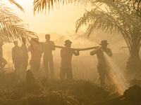 Indonesian police officers are trying to extinguish a peatland fire in the palm oil plantation area of Company Permata Hijau Indonesia in Pa...