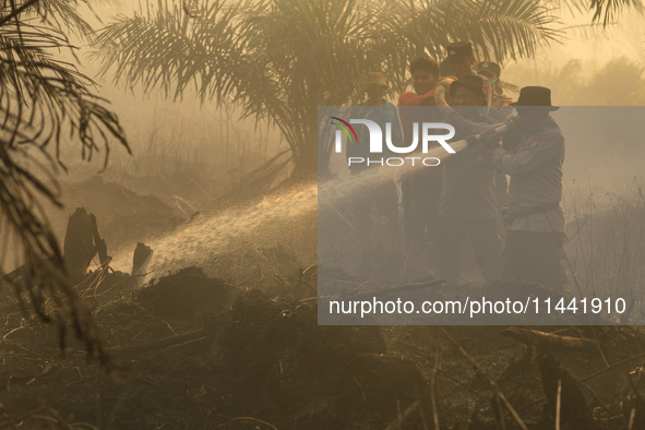 Indonesian police officers are trying to extinguish a peatland fire in the palm oil plantation area of Company Permata Hijau Indonesia in Pa...