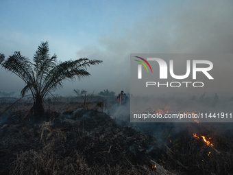 Indonesian police officers are trying to extinguish a peatland fire in the palm oil plantation area of Company Permata Hijau Indonesia in Pa...