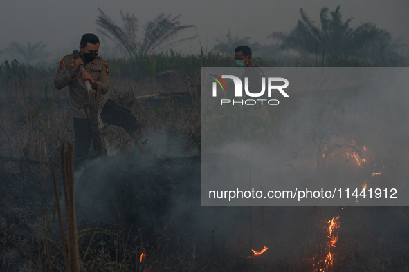 Indonesian police officers are trying to extinguish a peatland fire in the palm oil plantation area of Company Permata Hijau Indonesia in Pa...