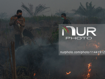 Indonesian police officers are trying to extinguish a peatland fire in the palm oil plantation area of Company Permata Hijau Indonesia in Pa...