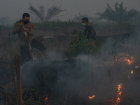 Indonesian police officers are trying to extinguish a peatland fire in the palm oil plantation area of Company Permata Hijau Indonesia in Pa...