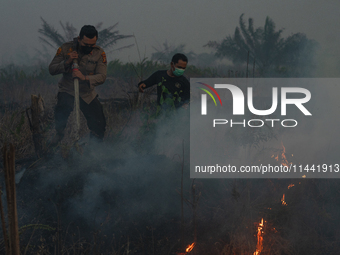 Indonesian police officers are trying to extinguish a peatland fire in the palm oil plantation area of Company Permata Hijau Indonesia in Pa...