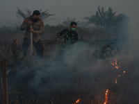 Indonesian police officers are trying to extinguish a peatland fire in the palm oil plantation area of Company Permata Hijau Indonesia in Pa...