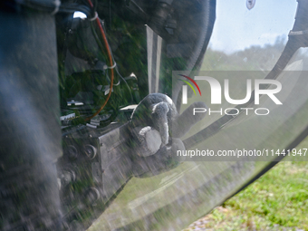 A soft toy is being seen through a window of a Mi-8MSB-V assault transport helicopter of the 16th Brody Separate Army Aviation Brigade in Uk...