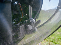 A soft toy is being seen through a window of a Mi-8MSB-V assault transport helicopter of the 16th Brody Separate Army Aviation Brigade in Uk...