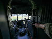 The cockpit is being pictured in a Mi-8MSB-V assault transport helicopter of the 16th Brody Separate Army Aviation Brigade in Ukraine, on Ju...