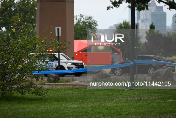 Three people are being shot, with one dead, at a migrant shelter on Randalls Island in Manhattan, New York, United States, on July 29, 2024....