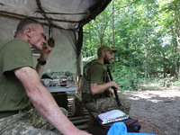 The Shkval (Squall) Battalion is resting in the tent in Ukraine, on July 26, 2024. Former prisoners who volunteered to defend Ukraine and we...