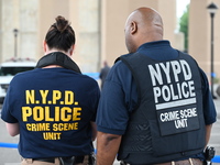 Three people are being shot, with one dead near a New York City-run migrant shelter on Randall's Island in Manhattan, New York, United State...