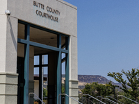 Table Mountain is appearing in the background of the Butte County Courthouse, in Oroville, Calif., on Sunday, June 28, 2024. The Thompson Fi...