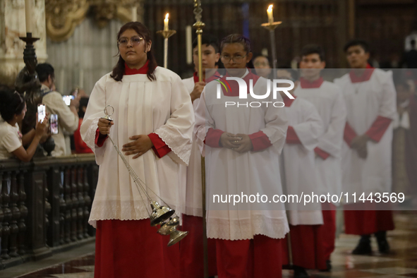 A Mass is being held where the relics of St. Jude Thaddeus are being exhibited inside the Metropolitan Cathedral in Mexico City, Mexico, on...