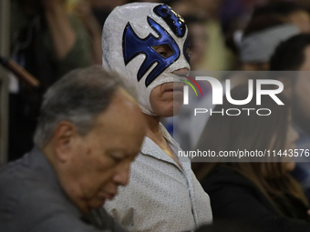 Atlantis, a wrestler, is observing the relics of St. Jude Thaddeus while wearing a mask inside the Metropolitan Cathedral in Mexico City, Me...