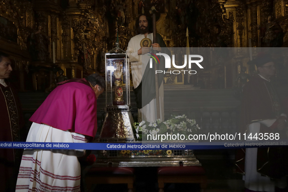 I am viewing the relics of St. Jude Thaddeus inside the Metropolitan Cathedral in Mexico City, Mexico, on a work carried out jointly by the...